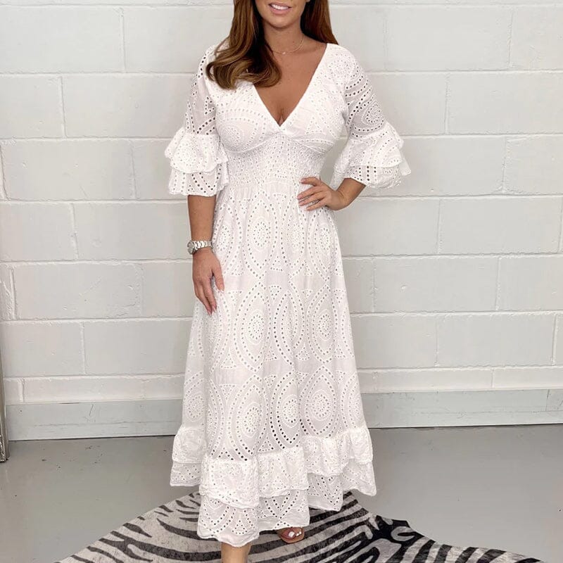 Levoire | Robe Midi Brodée Avec Anglaise Et Manches À Franges Blanc