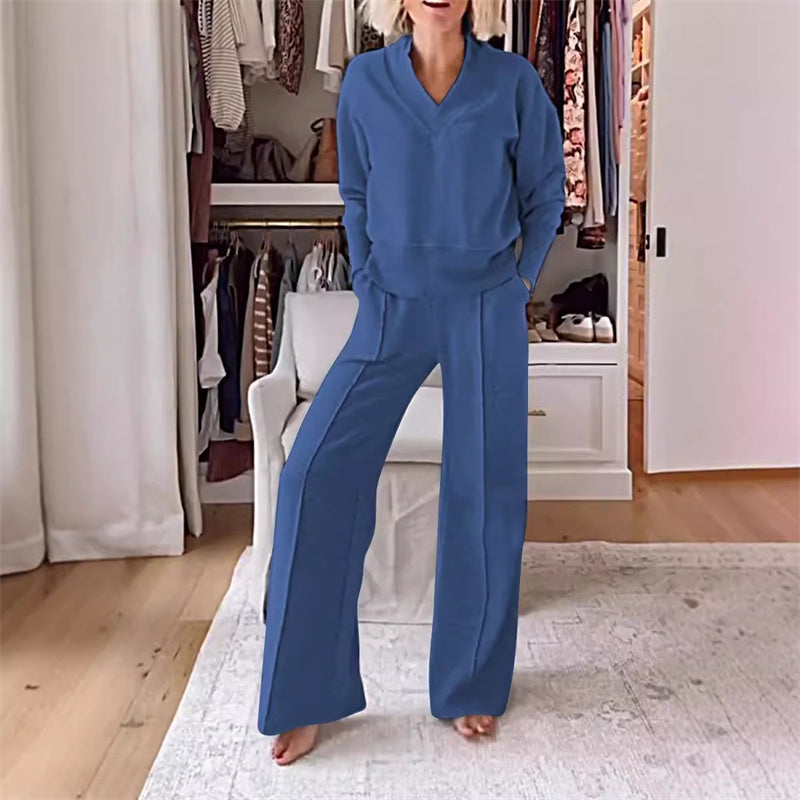 Levoire | Ensemble Salon Décontracté en Coton Doux avec Décolleté en V Bleu