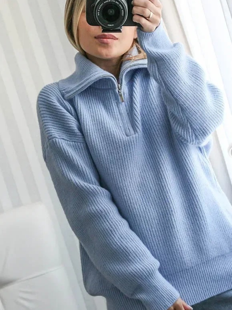 Levoire | Pull-over à col zippé pour femmes, coupe surdimensionnée Bleu
