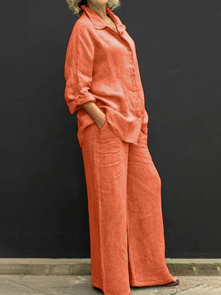 Levoire | Ensemble 2 Pièces En Lin Blouse À Revers Pour Femmes Style Vintage Orange