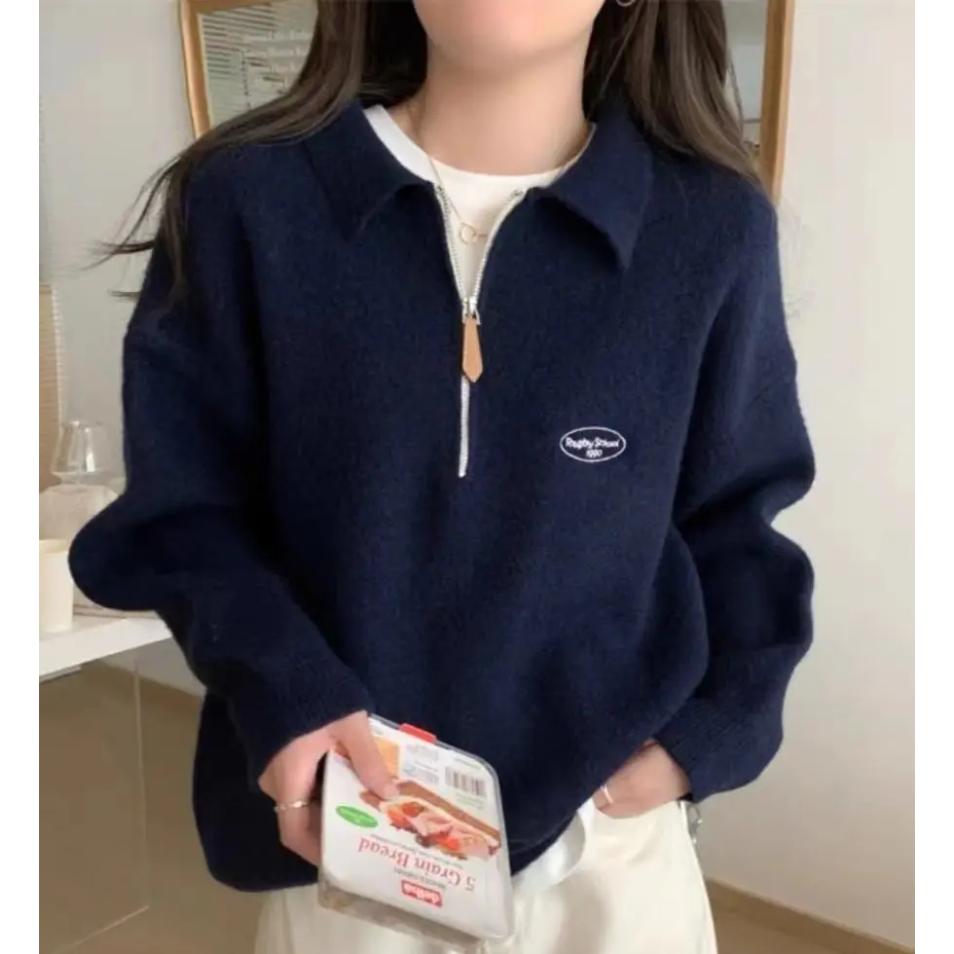 Levoire | Pull femme avec fermeture éclair, tricoté en biais et coupe confortable Bleu