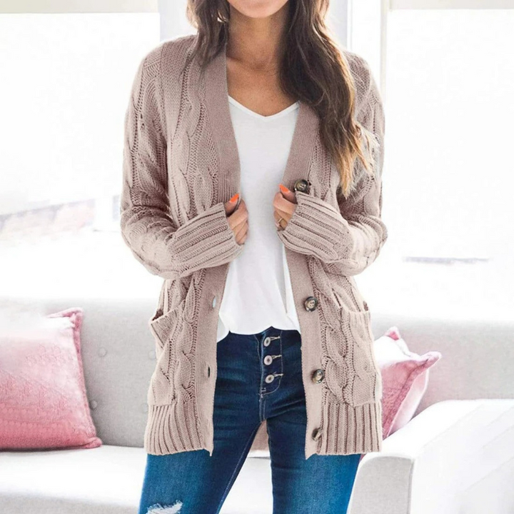 Levoire | Cardigan pour femmes avec motif en cable, boutons et poches Braun