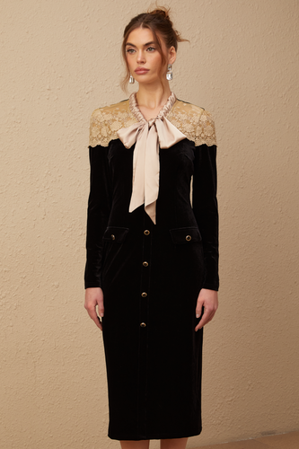 Levoire | Robe Midi Noire À Col Lié Panels