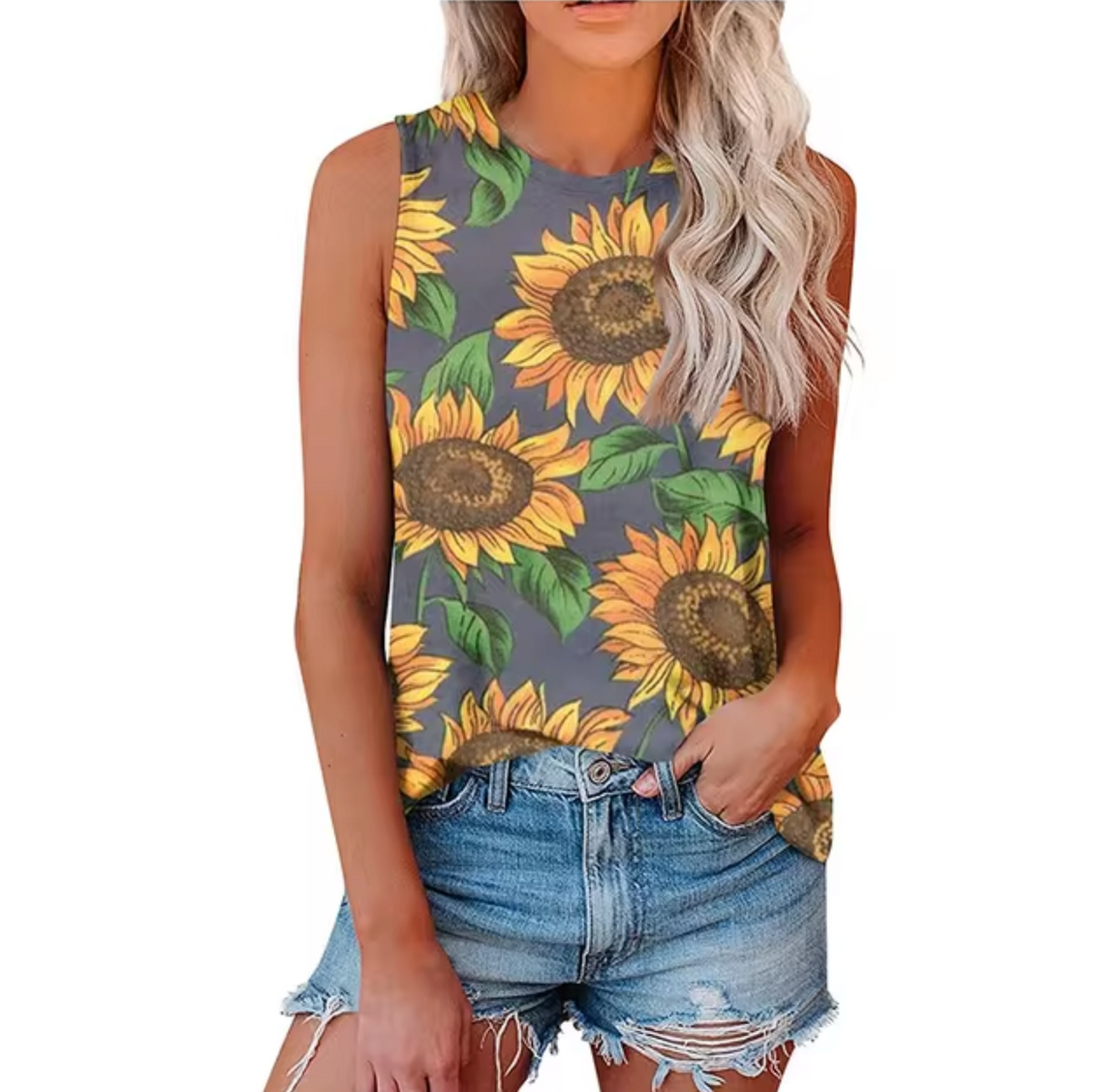 Levoire | T-Shirt Sans Manches Avec Motif De Tournesols Gris Vert
