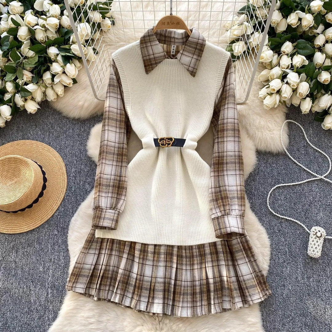 Levoire | Vintage Femmes Ensemble : Robe à Carreaux et Ceinture en Tricot Abricot Taille libre