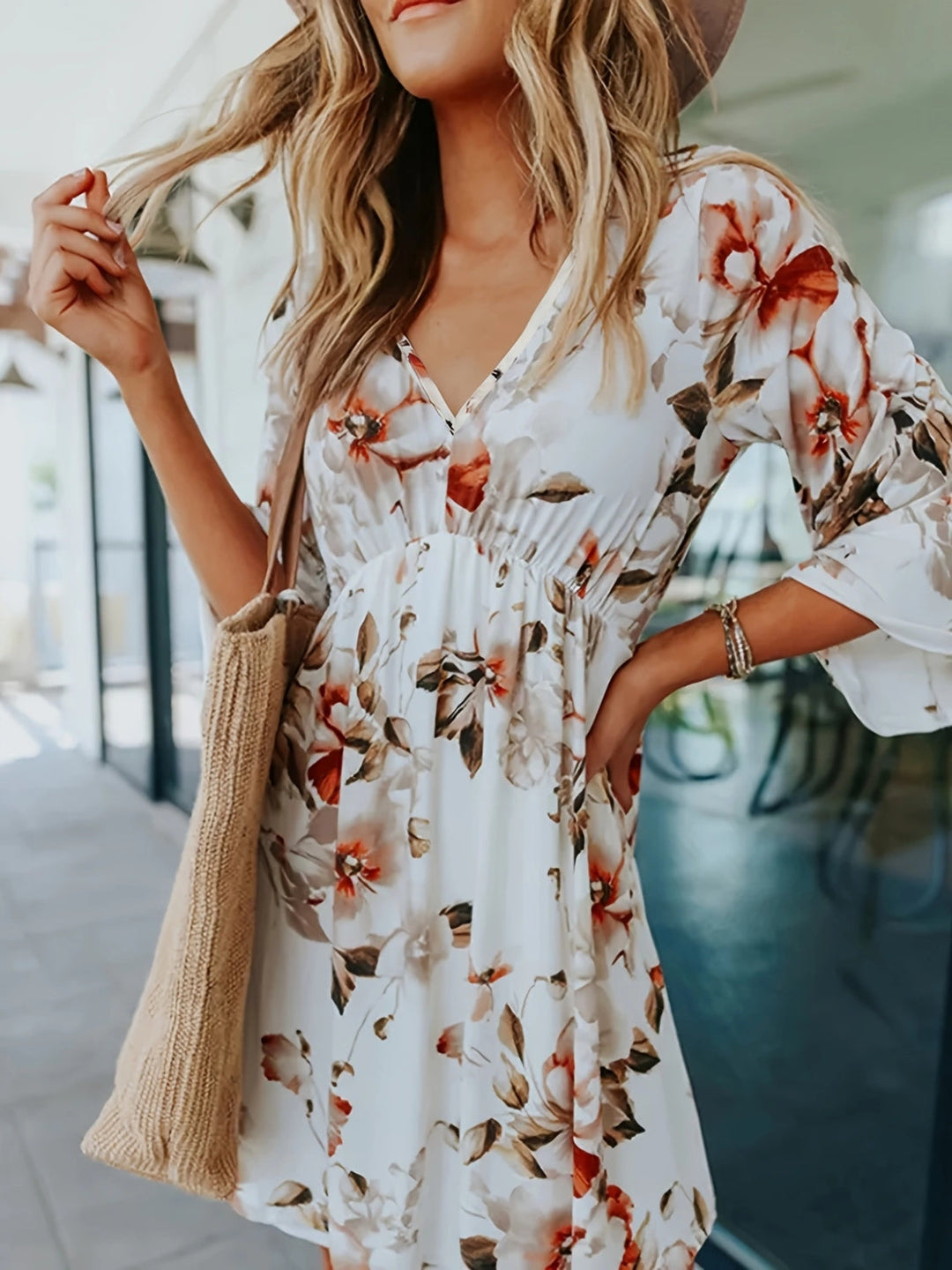 Levoire | Fleurs V Décolleté À Trois Quarts Manches Robe Mini