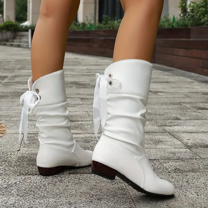 Levoire | Bottes à Lacets Femme Tendance à Talons Épais Mi-Mollet