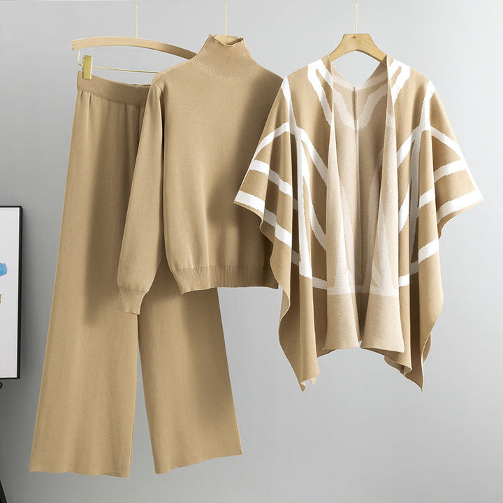 Levoire | Pull Tricoté Élégant Veste Pantalons Larges Khaki une taille