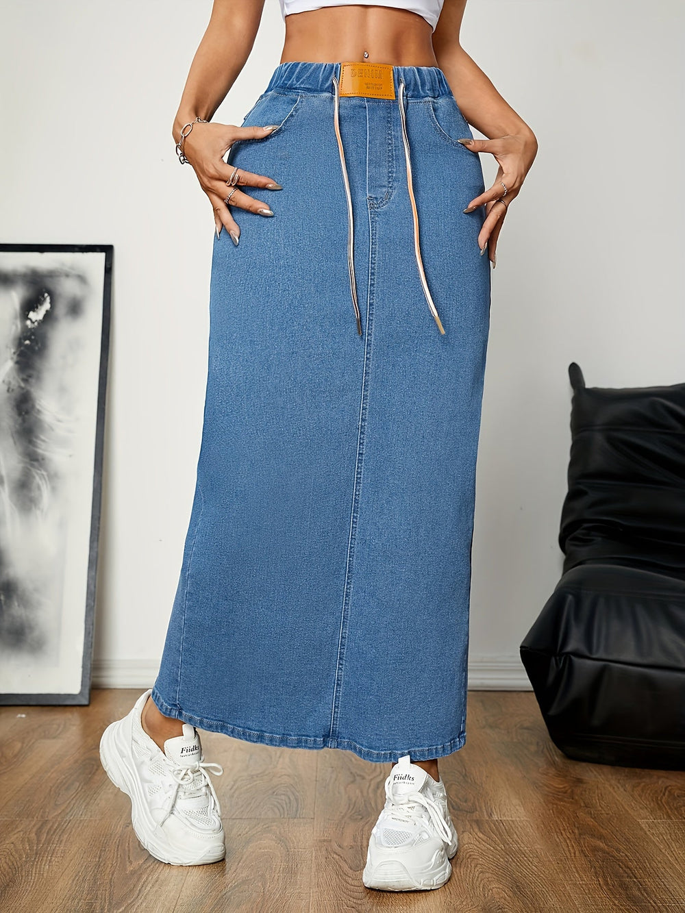 Levoire | Pestitty Bleu Jupe Maxi Dénim A Taille Élastique Et Fente Au Dos