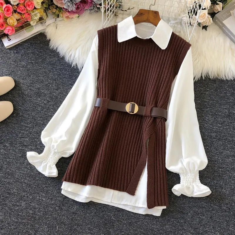 Levoire | Robe femme 2 pièces : chemise blanche et gilet noir avec ceinture Couleur du café