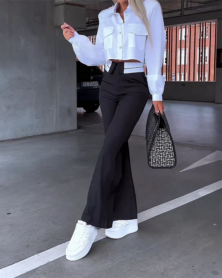 Levoire | Crop Top & Pantalon Largemonté Taille Haute Satz Noir