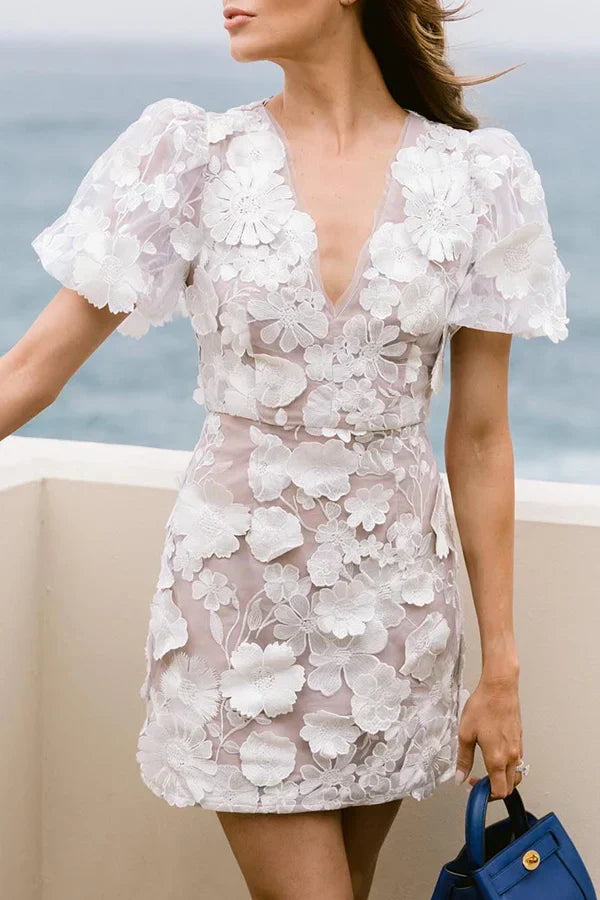 Levoire | Robe Minuscule Avec Imprim Floral Et Manches Bouffantes Blanc