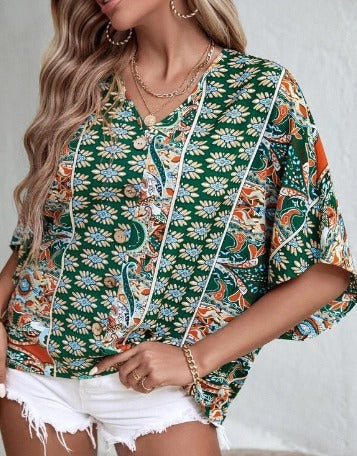 Levoire | Boho Chic Blouse À Fleurs Style D'Été Tendance Vert
