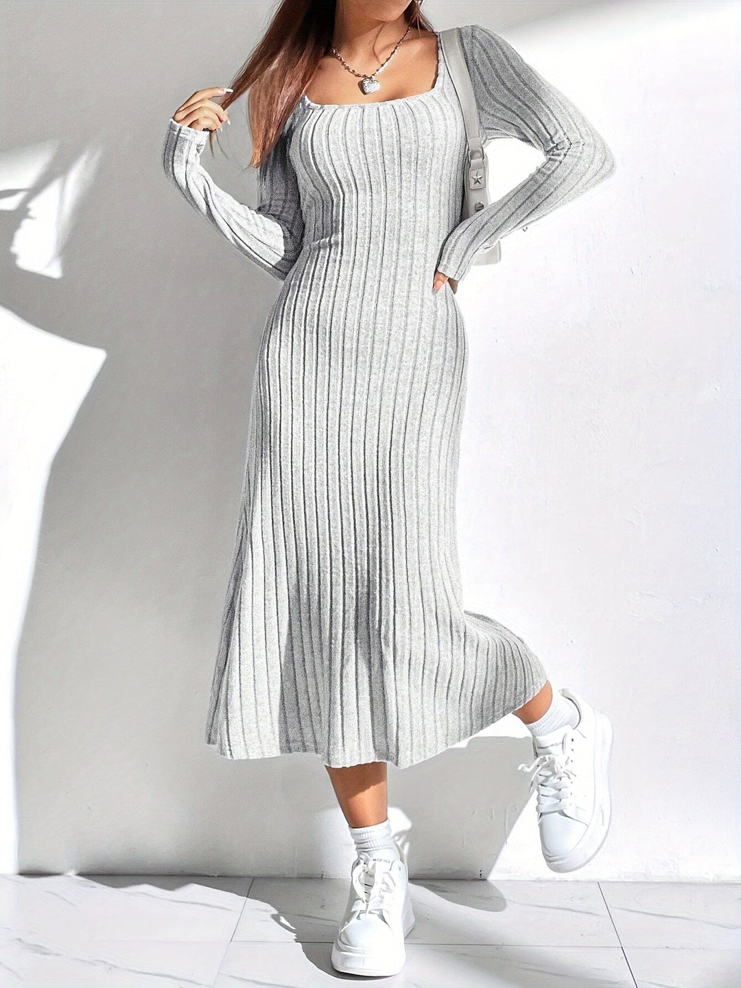 Levoire | Robe A-Ligne À Manches Longues Côtelée En Couleur Unie