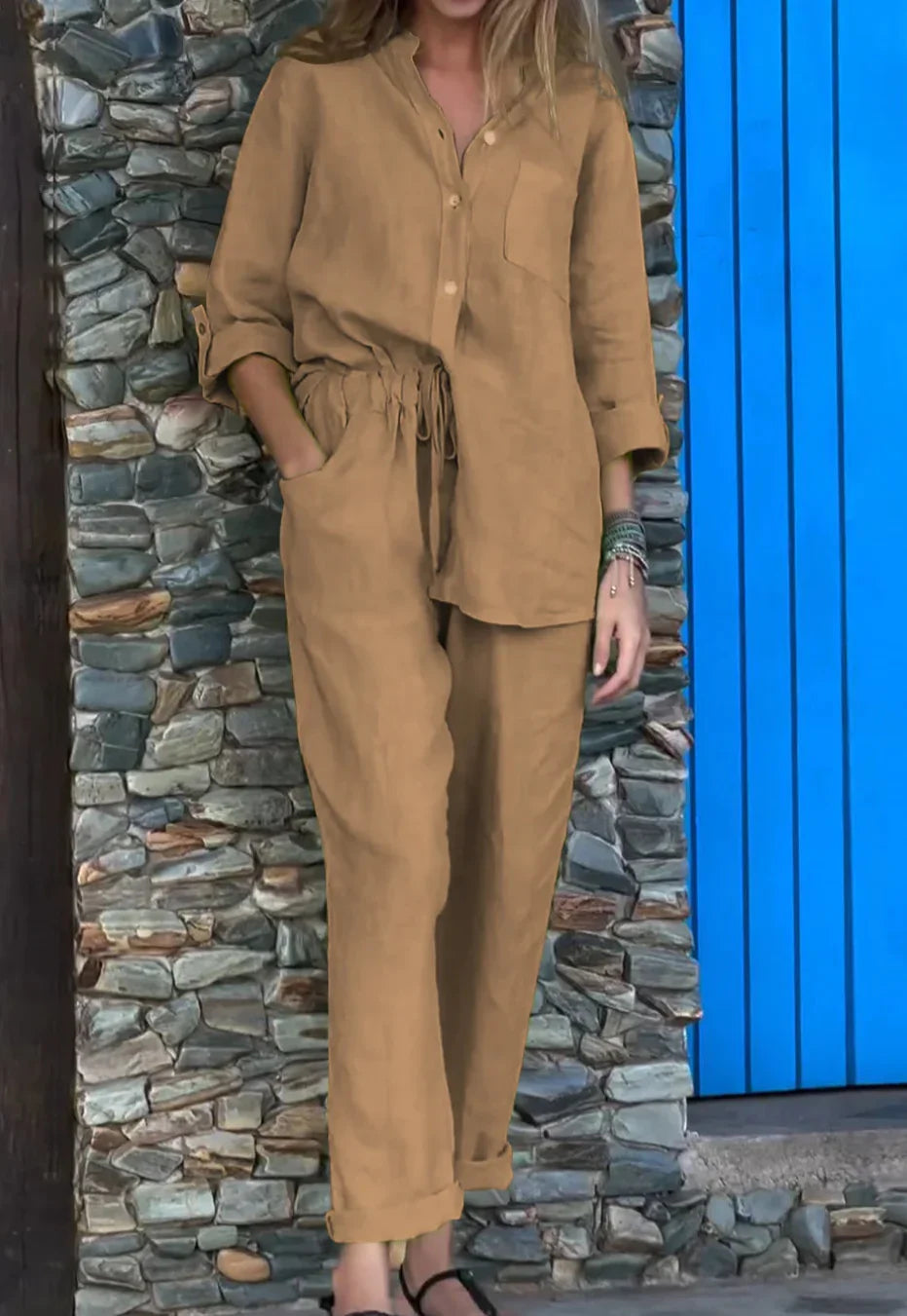 Levoire | T-Shirt Décontracté À Col En V & Ensemble Pantalon En Coton-Lin Khaki