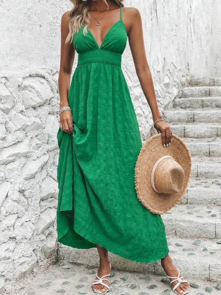 Levoire | Robe Maxi Cami Sans Manches Dos Croisé Smockée Vert