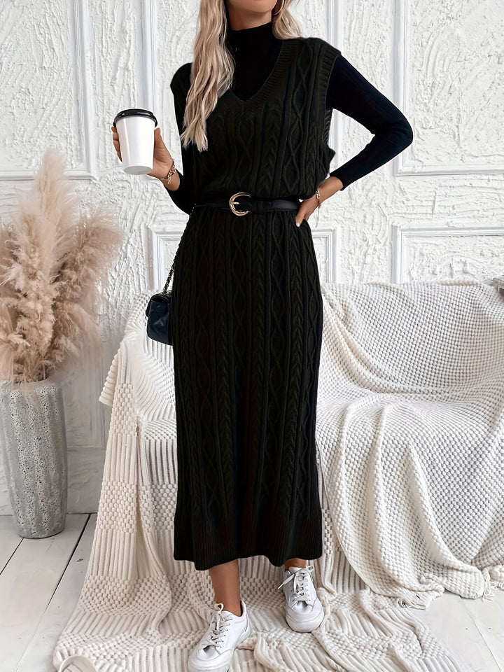 Levoire | Robe Maxi Sans Manches Rayée Avec Motif En Câble Et En Col V Noir