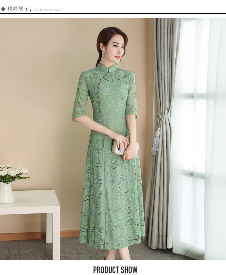 Levoire | Spitzen-Qipao Fille d'été Robe d'été Bleu clair 【Col Montant Rétro】