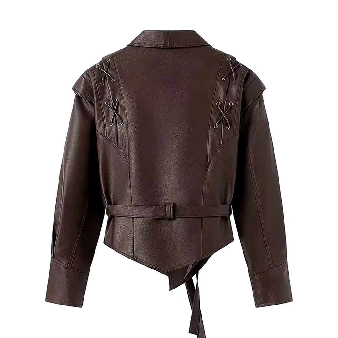 Levoire | Blouson En Cuir Marron Foncé Avec Détails À Lacets Et Ceinture À Nouer