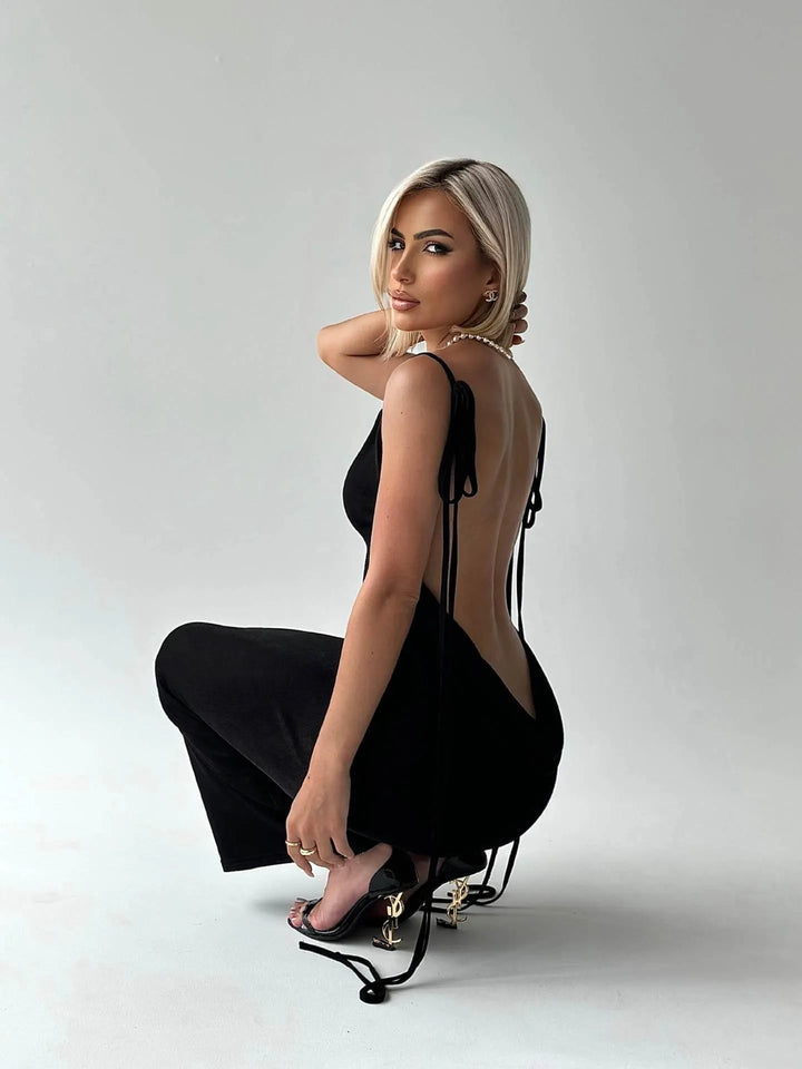 Levoire | Robe longue sexy avec des lacets, robe d'été fine sans dos Noir