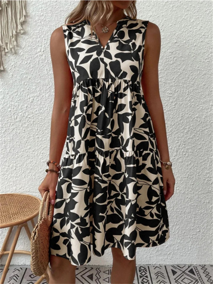 Levoire | Robe D'Été Sans Manches Avec Imprimé Feuilles Pour Femmes Noir
