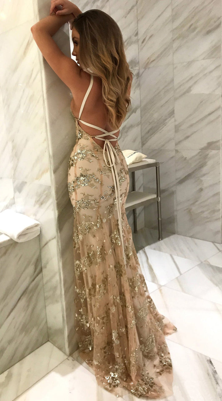 Levoire | Sensuelli V-découpe Dos-nu Paljetti Ceinture Robe Abricot