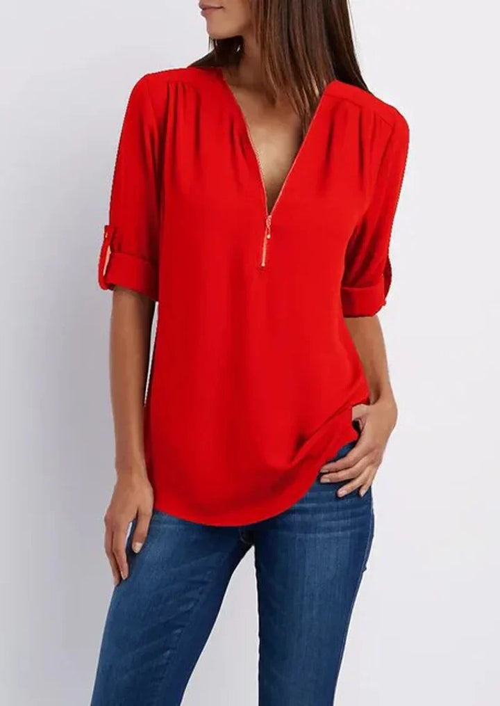 Levoire | Blouse Élégante À Zip Avec Décolleté En V Pour Femmes Rot