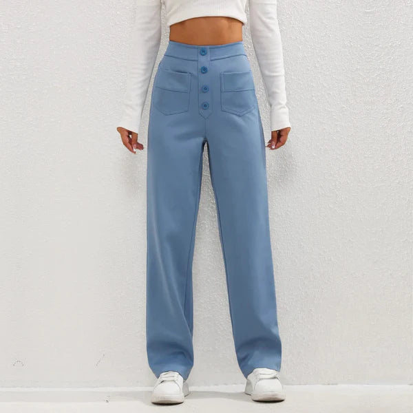 Levoire | Femmes Pantalon Décontracté Taille Haute Et Jambes Droites Tendance Pour Femmes Bleu