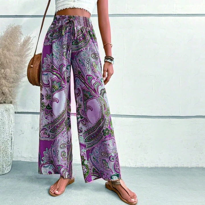 Levoire | Boho Pantalons D'Été Taille Haute Imprimées Lila