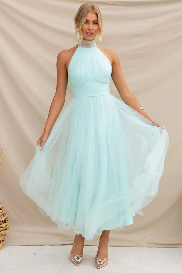 Levoire | Robe Midi En Tulle À Dos Nu Tiffany Bleu