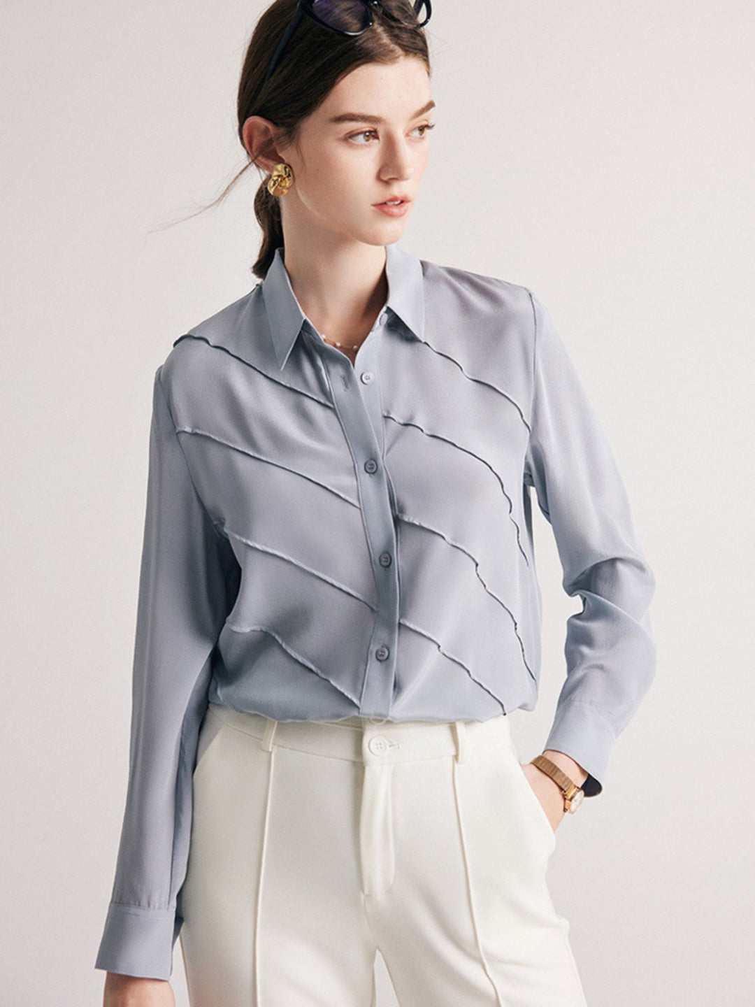 Blouse en Soie Rayée Texturée Bleu Poudre