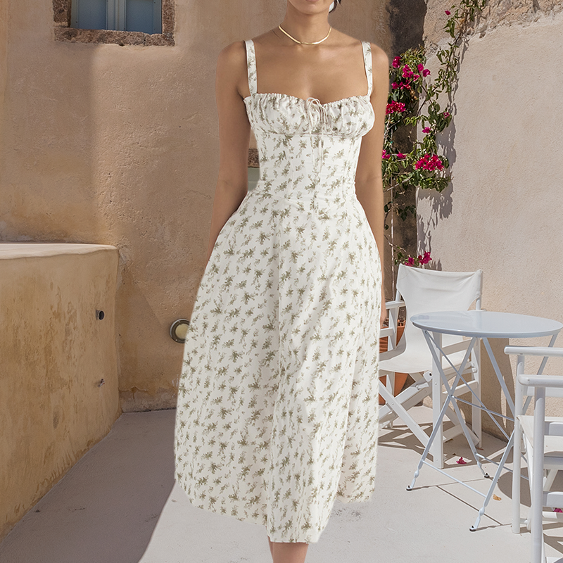 Levoire | Robe D'Été Avec Détails En Corset Fleurs vertes