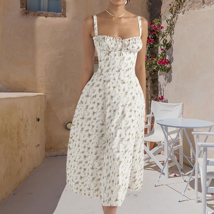 Levoire | Robe D'Été Avec Détails En Corset Fleurs vertes