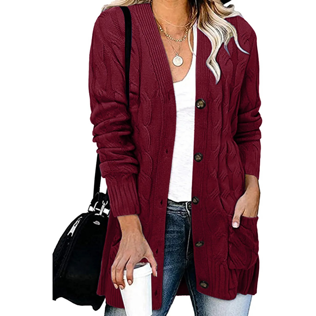 Levoire | Gilet femme avec motif torsadé, boutonnage et coupe longue Rouge foncé