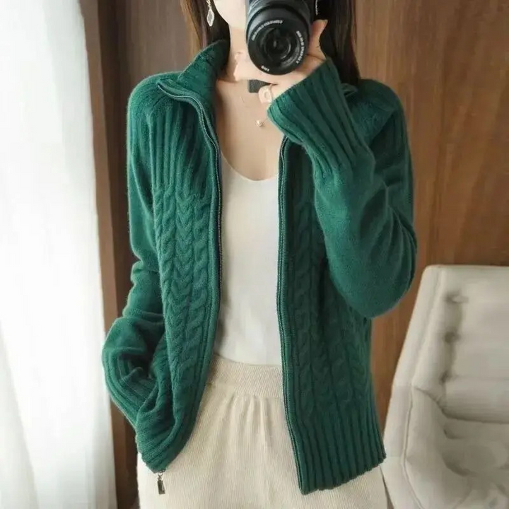 Levoire | Gilet Femme avec Fermeture Éclair et Textures en Câble Vert