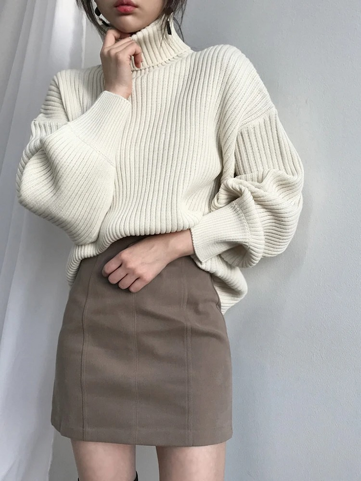 Levoire | Pull femme à col montant, pull oversized à côtes, chaud et élégant Blanc