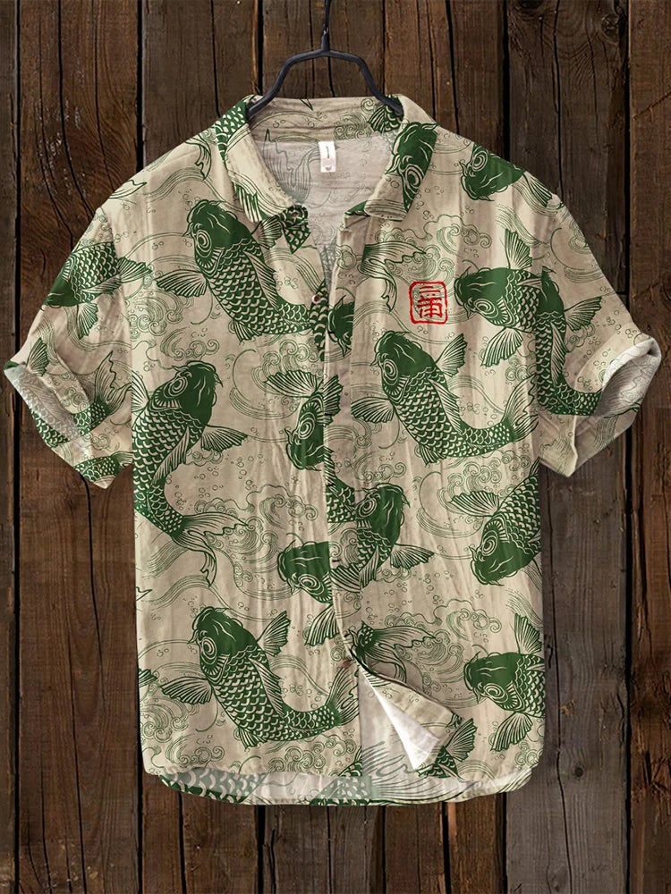 Levoire | Chemise En Mélange De Lin Vintage Fisch Art Japonais vert