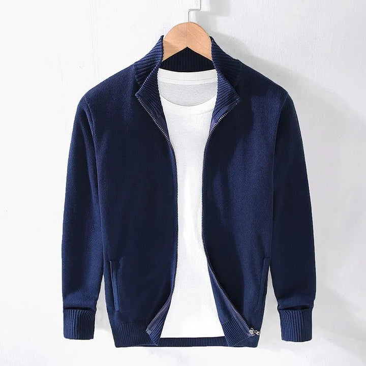 Levoire | Pull-over en laine à zip pour hommes Slim-Fit uni Bleu foncé