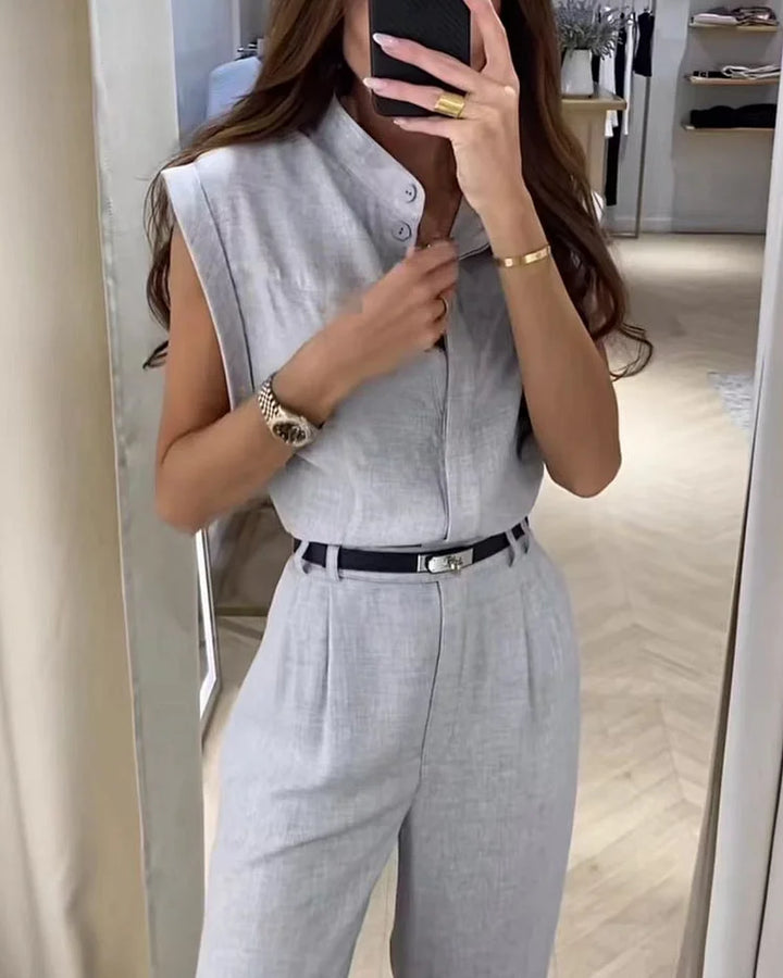 Levoire | Ensemble Élégant Avec Chemise Unie Et Pantalon Gris