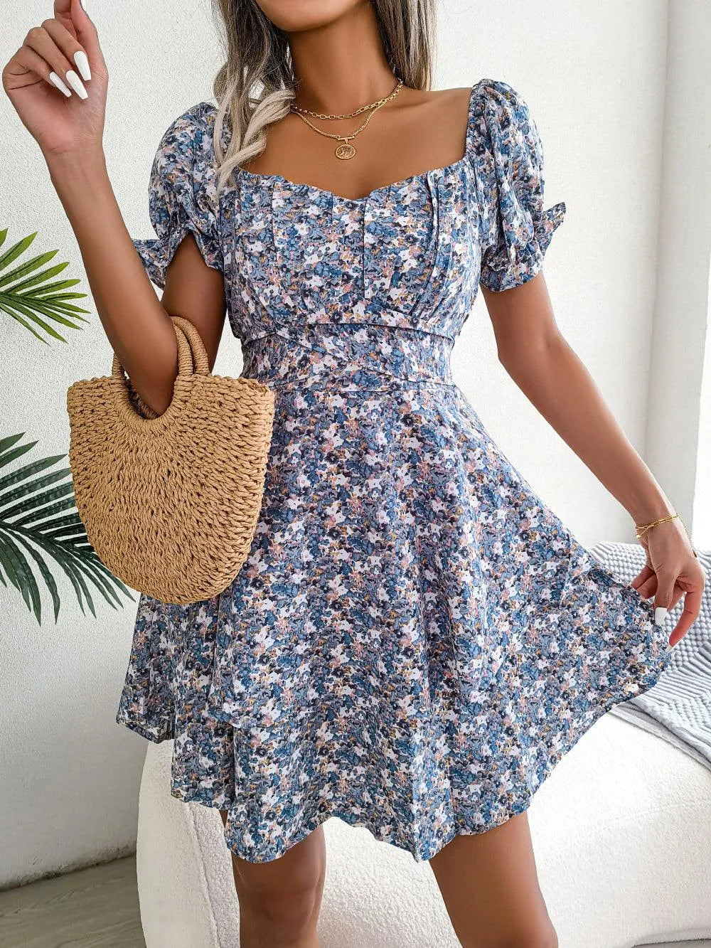 Levoire | Robe d'été à taille haute à manches courtes Bleu