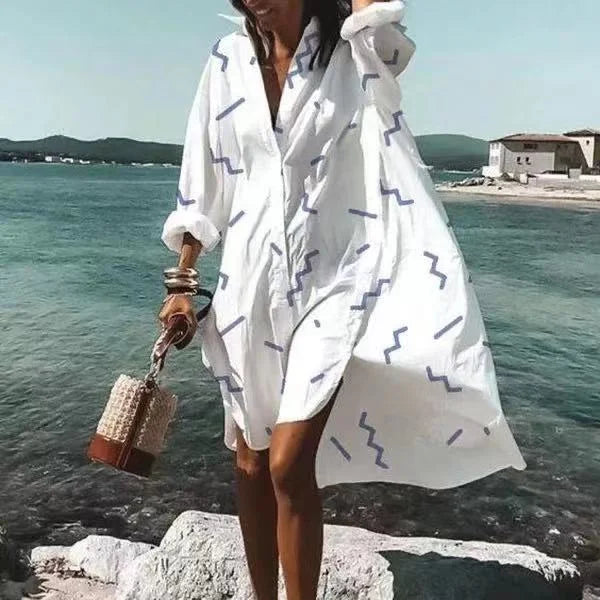 Levoire | Été Midi Robe Manches Courtes Détente Style Classique Blanc - Rayures
