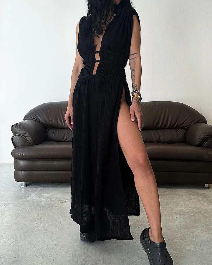 Levoire | Robe Élégante En Coton Lin Noir une taille
