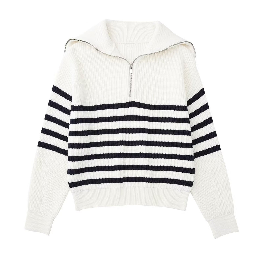 Levoire | Pull À Col Zippe Quart Blanc avec des rayures noires