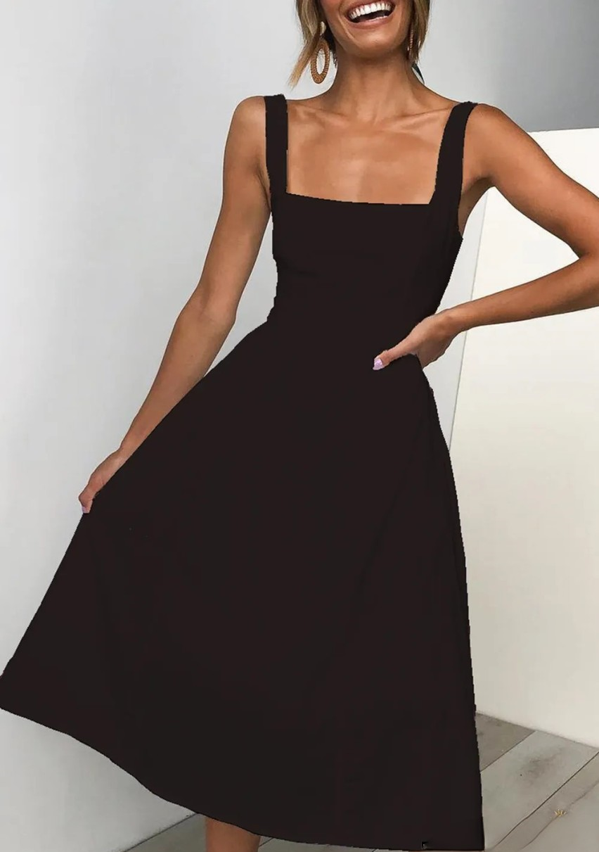 Levoire | Robes décontractées avec jupe pastel et encolure carrée avec fente solide Noir