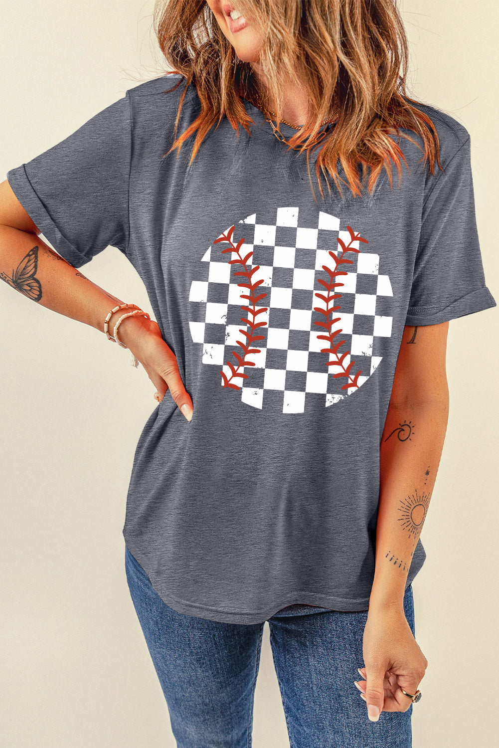 Levoire | Carreaux Graphiques Col Rond T-shirt à Manches Courtes