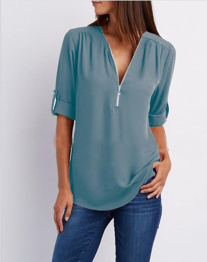 Levoire | Halber Reiverschluss Bluse Gris Bleu