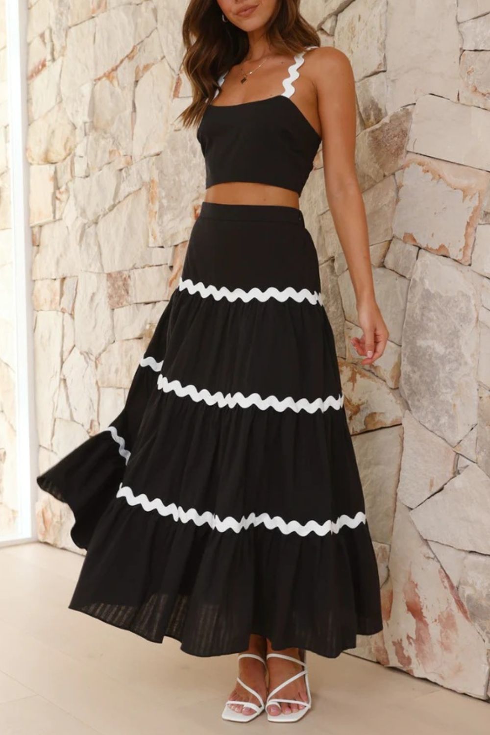 Levoire | Ensemble De Cami À Bordure Contrastante Et Jupe Maxi Noir