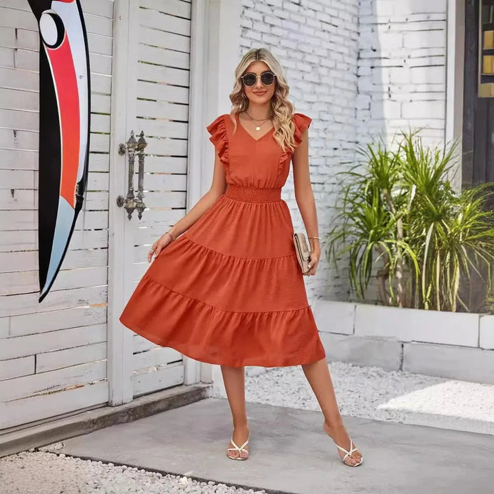 Levoire | Nouvelle robe à volants sans manches en V Orange Rouge