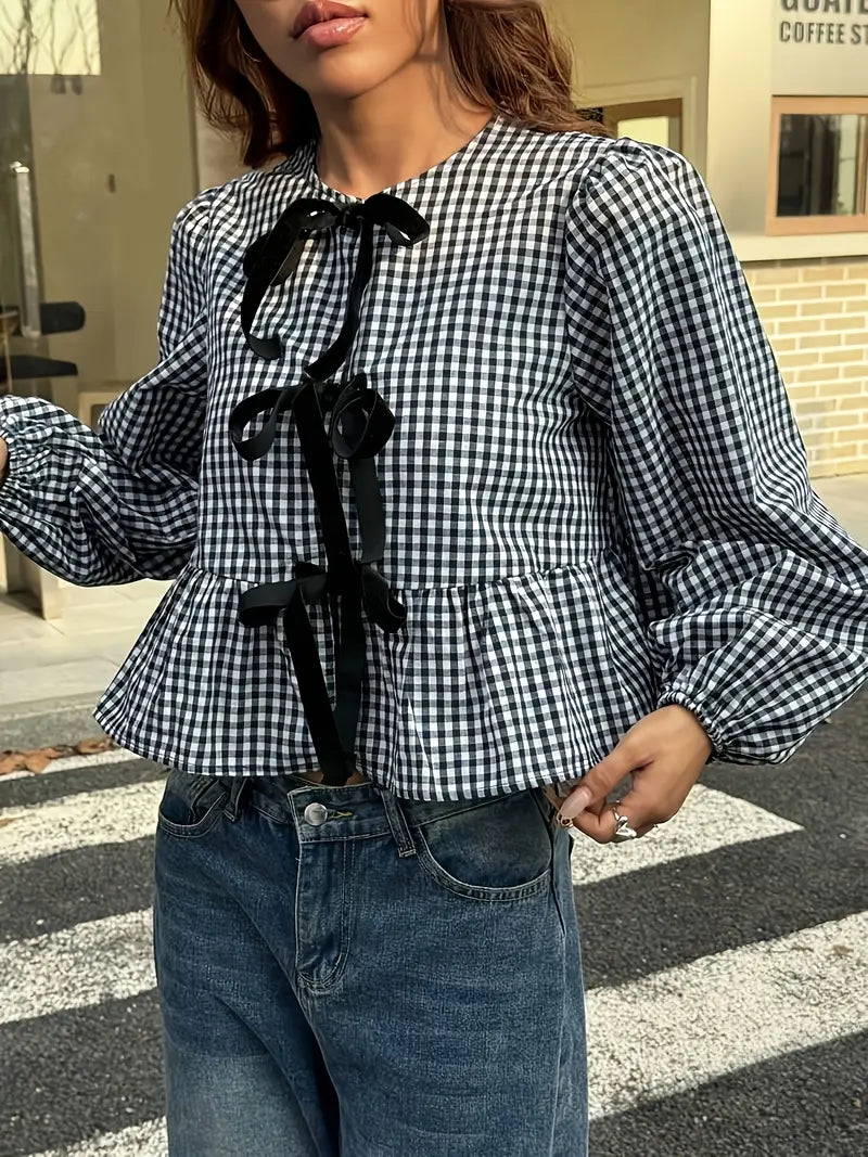 Levoire | Blouse Peplum À Carreaux Avec Ruban Pour Femmes Blanc Et Noir