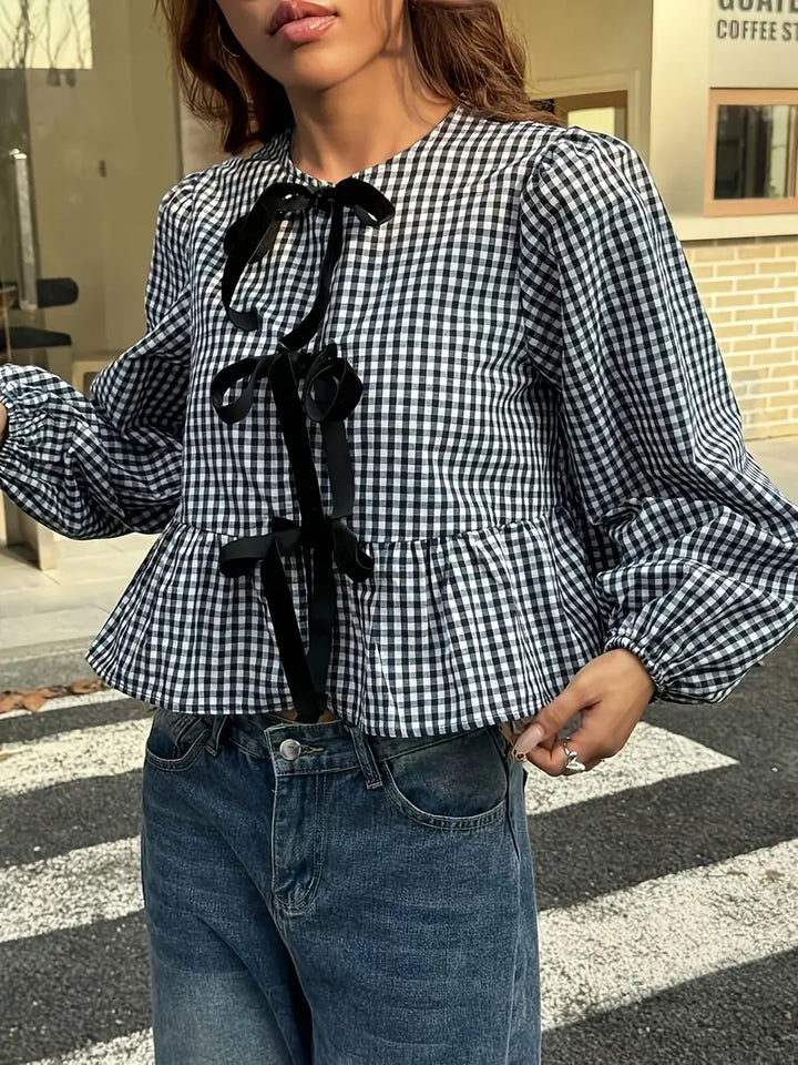 Levoire | Blouse Peplum À Carreaux Avec Ruban Pour Femmes Blanc Et Noir